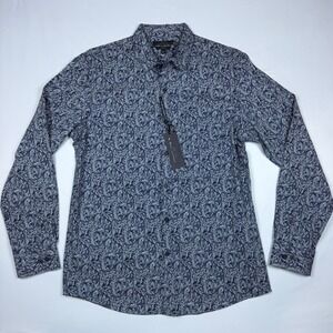 Marc Anthony Mens Slim Fit Stretch Tropical Leaf Button Down Shirt Navy Blue L